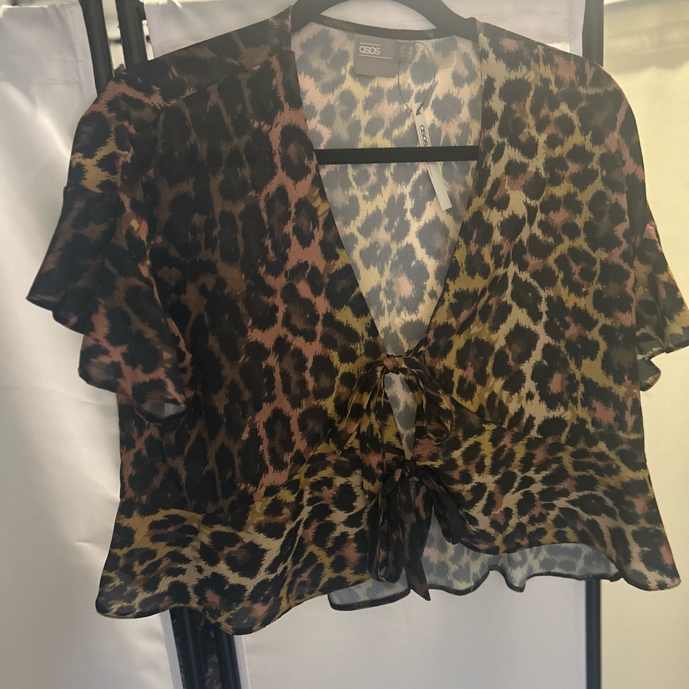 ASOS Leopard Print Tie-Front Sheer Blouse in Brown and Black